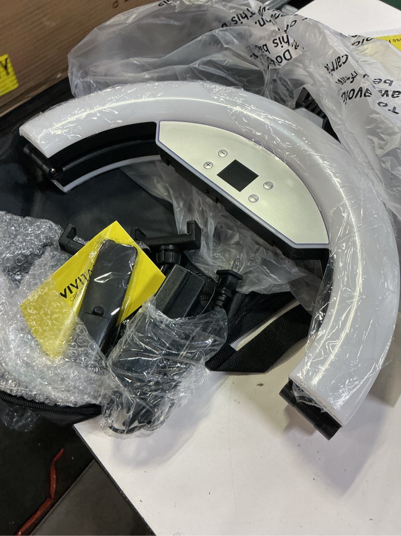 Condition photo showing As Is for vivitar creator series 18" rgb foldable ring light with stand, magsafe-compatible phone mount, dual usb charging, wireless remote, adjustable tripod for live vlogging, makeup, & live streaming