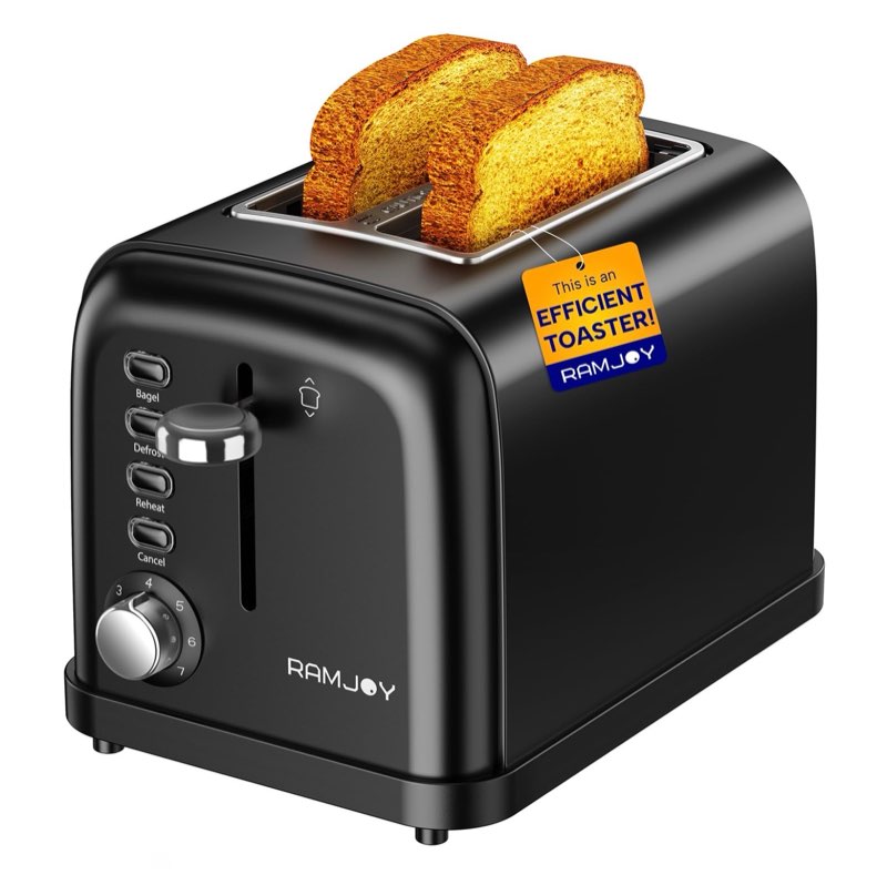 ramjoy black toaster 2 slice, extra wide slot toaster for bagels, bread, waffles, 7 shade settings, 4 main functions, removable crumb tray, 900 watts toasters, black stainless steel