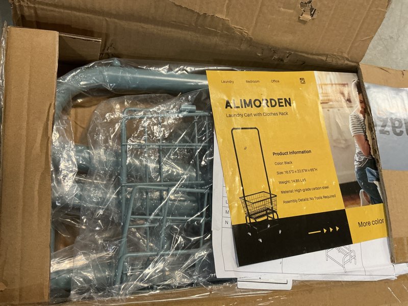 Condition photo showing As Is for ALIMORDEN Laundry Cart with Clothes Rack, Rolling Laundry Butler with Wire Storage Rack, Grey Blue