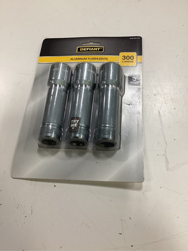 Condition photo showing New/Like New for 3-pack 300-lumen aluminum flashlights