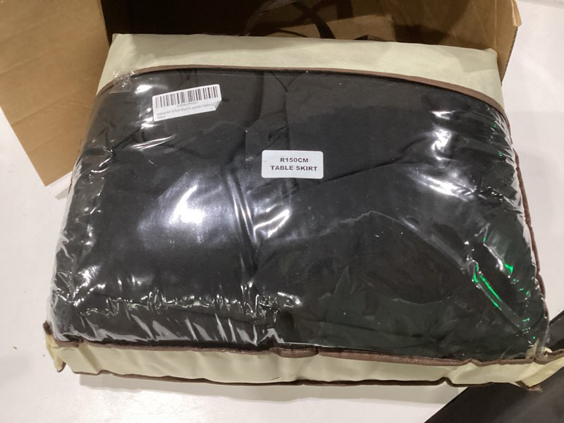 Condition photo showing As Is for 6 pack black round spandex tablecloth 60 inch, wrinkle free stretch 120 inch fitted 5ft black table cloths round table covers with ruffle skirt for graduation wedding party banquet