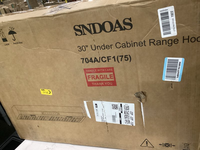 Condition photo showing As Is for sndoas under cabinet range hood 30 inch,stainless steel ducted/ductless range hood with touch/gesture/remote control,700cfm & 3-speed kitchen stove vent hood,baffle filters,3 air vents silver01