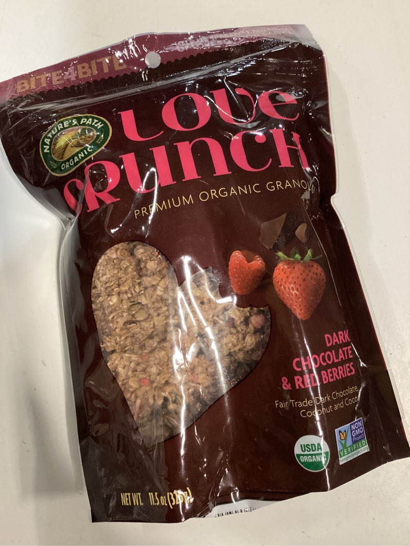 Condition photo showing New/Like New for Love Crunch Organic Dark Chocolate and Red Berries Granola, Non-GMO, Fair Trade, by Nature's Path, 11.5 Ounce(Pack of 1) (best before 01/19/2026)