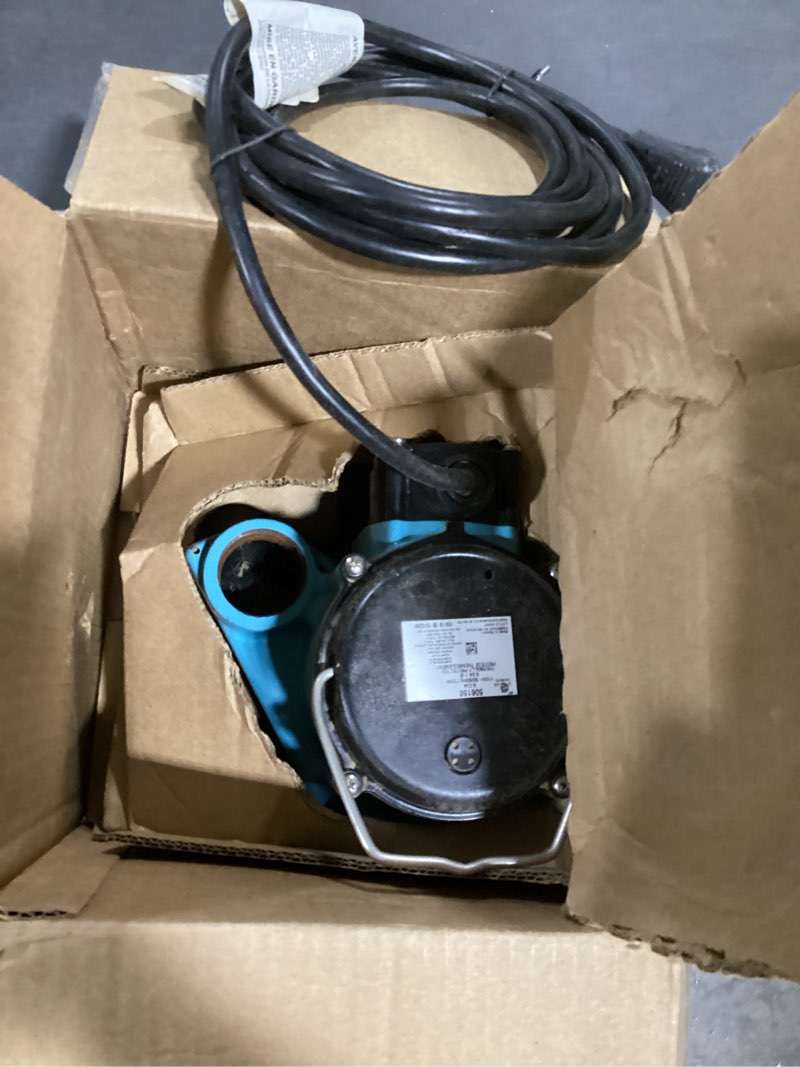 Condition photo showing As Is for little giant 6-cia 115 volt, 1/3 hp, 2760 gph cast iron automatic submersible sump pump with integral diaphragm switch for sump systems, 10-ft. cord, blue, 506158