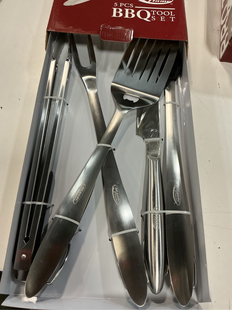Condition photo showing New/Like New for magic flame 5pc grill set, stainless steel grill tools ideal gift set for men, 18" heavy duty bbq accessories with spatula, fork, knife, bbq brush and tongs, grill utensils set for outdoor and camping