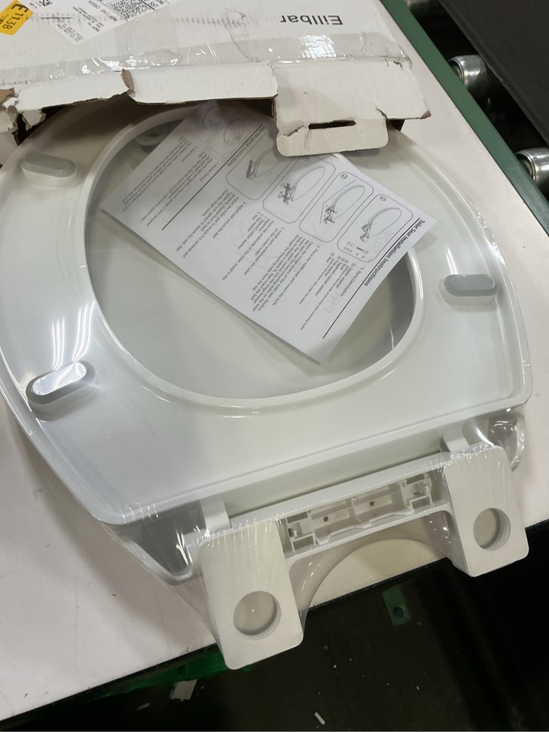 Condition photo showing New/Like New for round toilet seat, standard 16.5” slow/soft close round toilet seat for round toilets, no-slam quiet-close lid, easy-to-install, white, durable never-loosen design