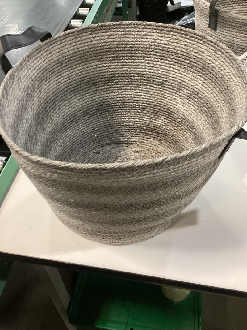 Condition photo showing Good Condition for light gray large square faux wicker storage bin with faux leather handles – handwoven seagrass cotton lined basket for home organization, decorative storage basket for shelves, living room & nursery