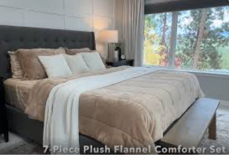 Plush Queen Comforter Set Blue Grey, Flannel Velvet Comforter Sets 7 Pieces Bed in a Bag, Soft Warm Winter Bedding Set with Sheets, Pillowcases & Shams Beige Queen