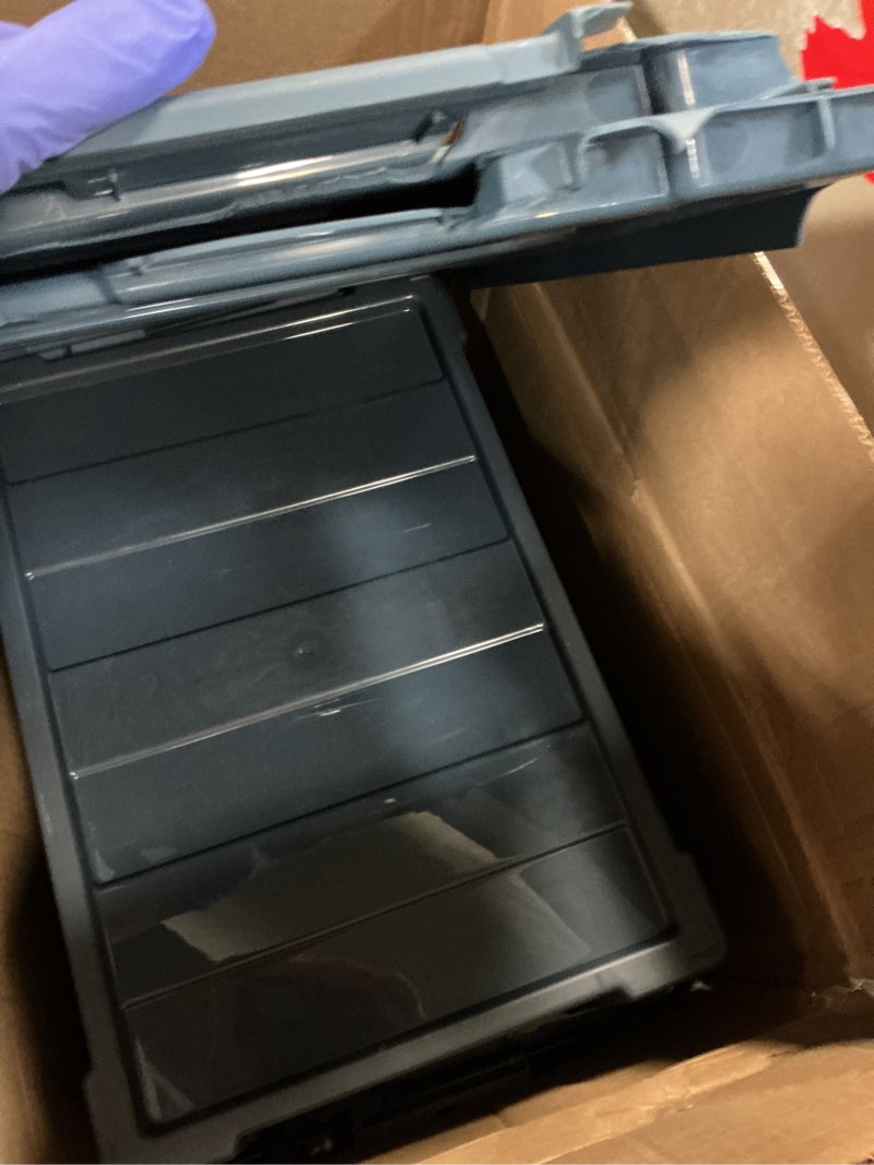 Condition photo showing As Is for IRIS USA 12 Gallon Eco-Friendly Lockable Storage Bins with Lids, 4 Pack - Made in USA, Heavy Duty, Stackable Containers, Garage Organizing Bins Moving Tubs, Rugged Sturdy Equipment Utility Box - Navy Navy 12 Gal - 4 Pack