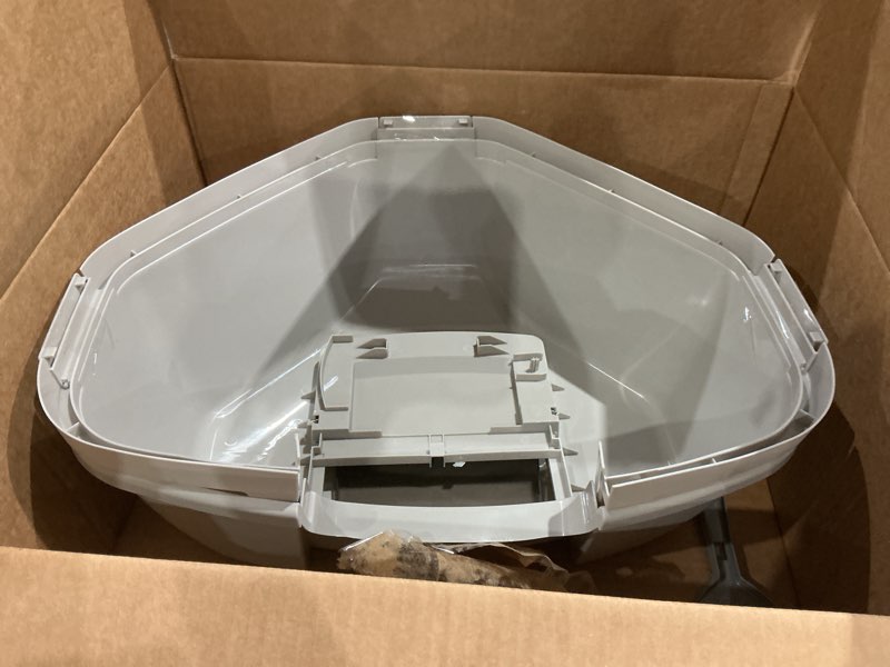 Condition photo showing As Is for iris usa cat litter box - enclosed corner litter box with scoop, hooded litter tray for corners, space-saving covered litter box, odor defensive, gray corner enclosed gray