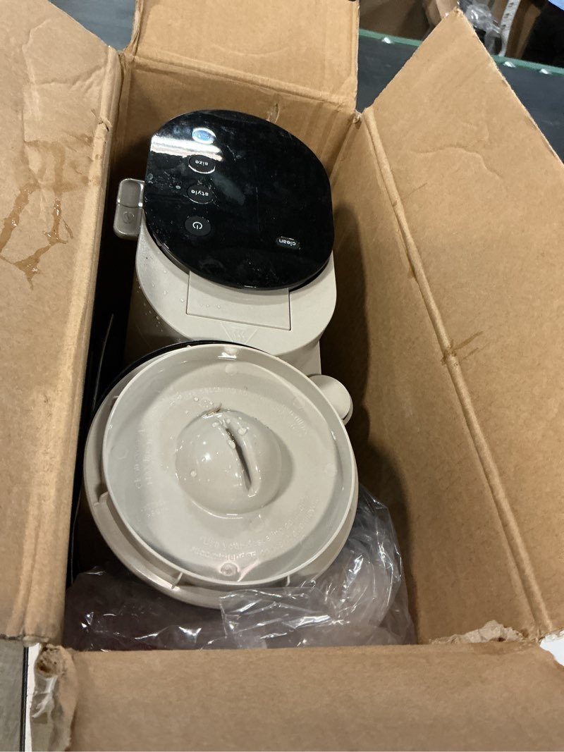 Condition photo showing As Is for ninja pod & grounds specialty single-serve coffee maker, k-cup pod compatible, brews grounds, compact design, built-in milk frother, 56-oz. reservoir, 6-oz. cup to 24-oz. mug sizes, stone, pb051st