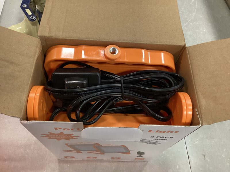 Condition photo showing Good Condition for 2-pack 50w super bright led work light - 8,000lm (500w equivalent), ip65 waterproof, 10ft heavy duty cord, 5000k daylight, adjustable flood lights for workshop, garage, construction site orange 2