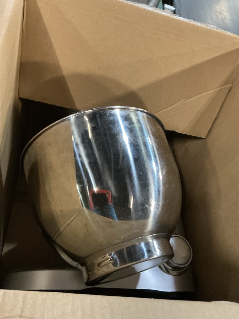 Condition photo showing As Is for stand mixer, 9-quart stainless steel bowl, 660w professional power, multiple speed options, sturdy design, easy to clean, lifetime support, sm-1550(silver)