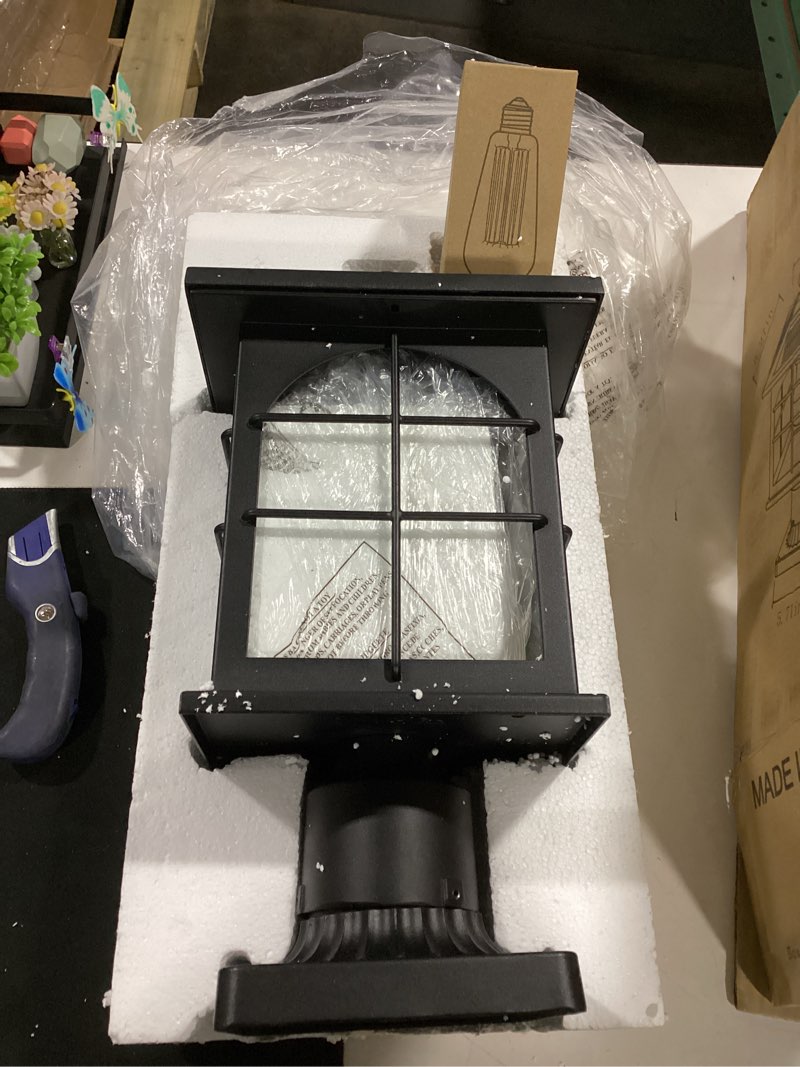 Condition photo showing As Is for solar post light outdoor, dusk to dawn outdoor post lamp with pier mount base, 3-in-1 mounting (pier/pole/hanging), wireless black waterproof fence pole light for garden yard patio entryway clear glass