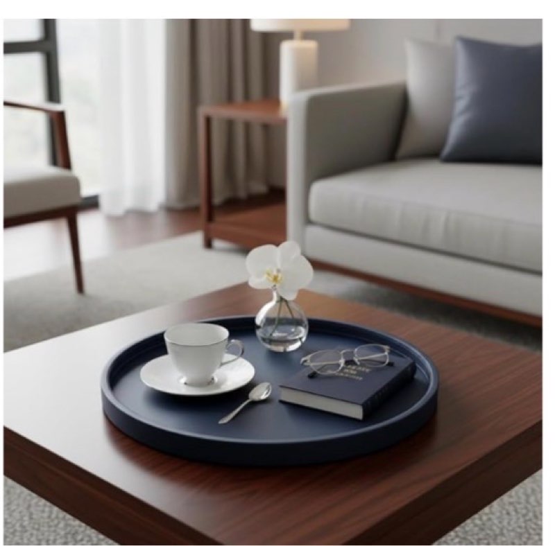 20-inch round ottoman serving tray - textured pu leather coffee table decor, waterproof heat-resistant large organizer for home, office, bed & party essentials (navy blue, 20in)