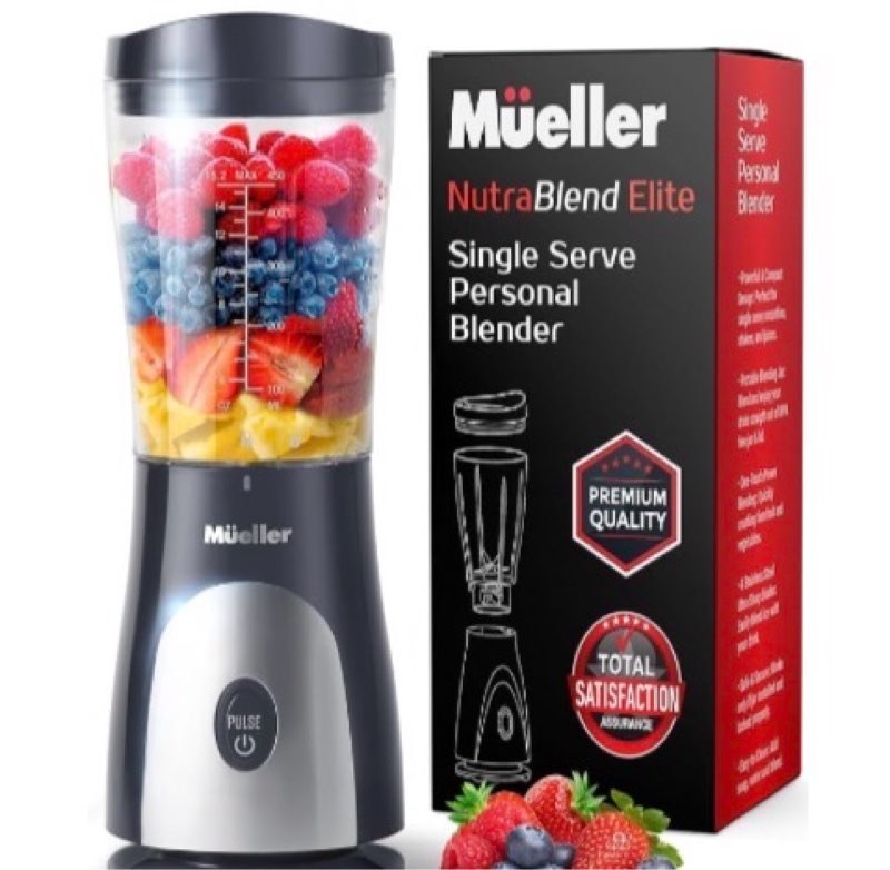 Mueller Personal Blender for Shakes and Smoothies with 15 Oz Travel Cup and Lid, Juices, Baby Food, Heavy-Duty Portable Blender & Food Processor, Grey
