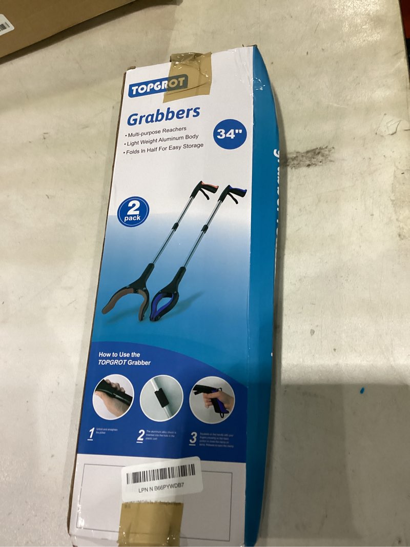 Condition photo showing Good Condition for 2-pack grabber reacher tool, 34" foldable reacher grabber pickup tool with 360° anti-slip rotating jaw & magnets, 4" wide claw opening reachers for seniors, trash picker tool