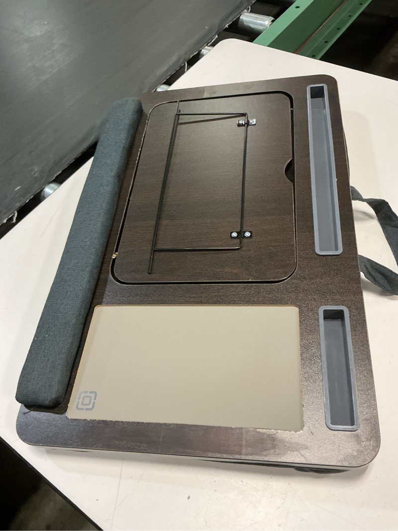Condition photo showing As Is for incipio portable lap desk workstation with cushion base & carry handle, built-in mouse pad, tablet & phone holder slots, adjustable laptop stand for bed, couch & office use-gray
