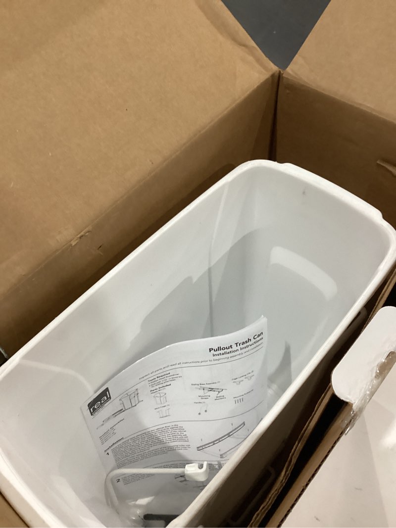 Condition photo showing As Is for knape & vogt rs-psw9-1-20-w 17 in. h x 8 in. w x d steel in-cabinet 20 qt. single white pull out trash can second generation