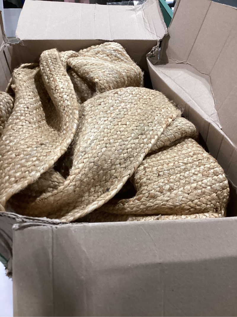 Condition photo showing As Is for similiar product not like stock photojute braided area rug, natural - 4 feet round, boho neutral rattan circle hand woven rugs for living room, bedroom, nursery, kitchen, indoor use | farmhouse rustic patio floor mat for home décor natural 4' (round)