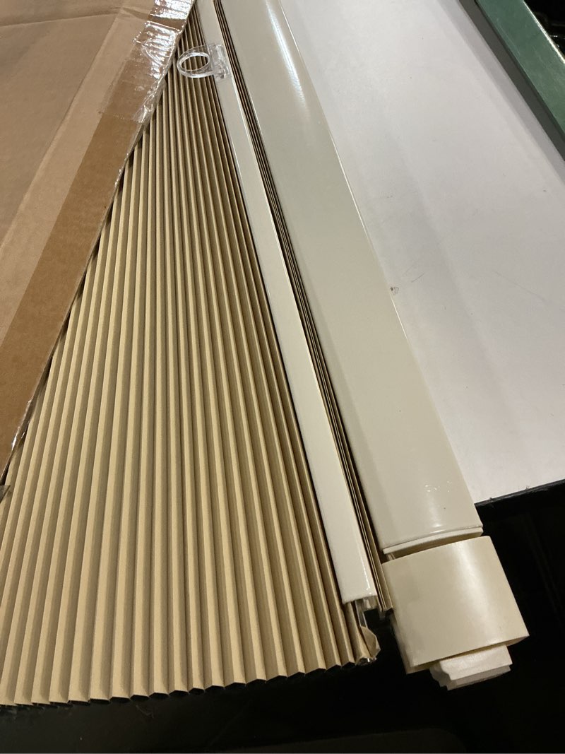 Condition photo showing As Is for Sulugood Cordless Light Filtering Cellular Blinds Customized Honeycomb Pull Down Shades Thermal Insulated Window Shades for Home, Bedroom and Kitchen,Easy to Install.Beige Custom Size.