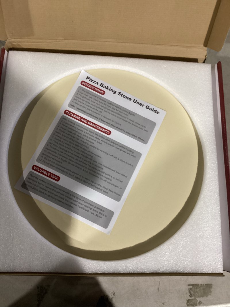 Condition photo showing Good Condition for Round Pizza Stone for Grill and Oven- 16 inch Baking Stone Heavy-Duty Cordierite Pizza Stone for Bread, Cookies, Heat Proof BBQ Grilling Cooking Stone for Making Crisp Crust Pizza (Beige) Beige 16"x 16"