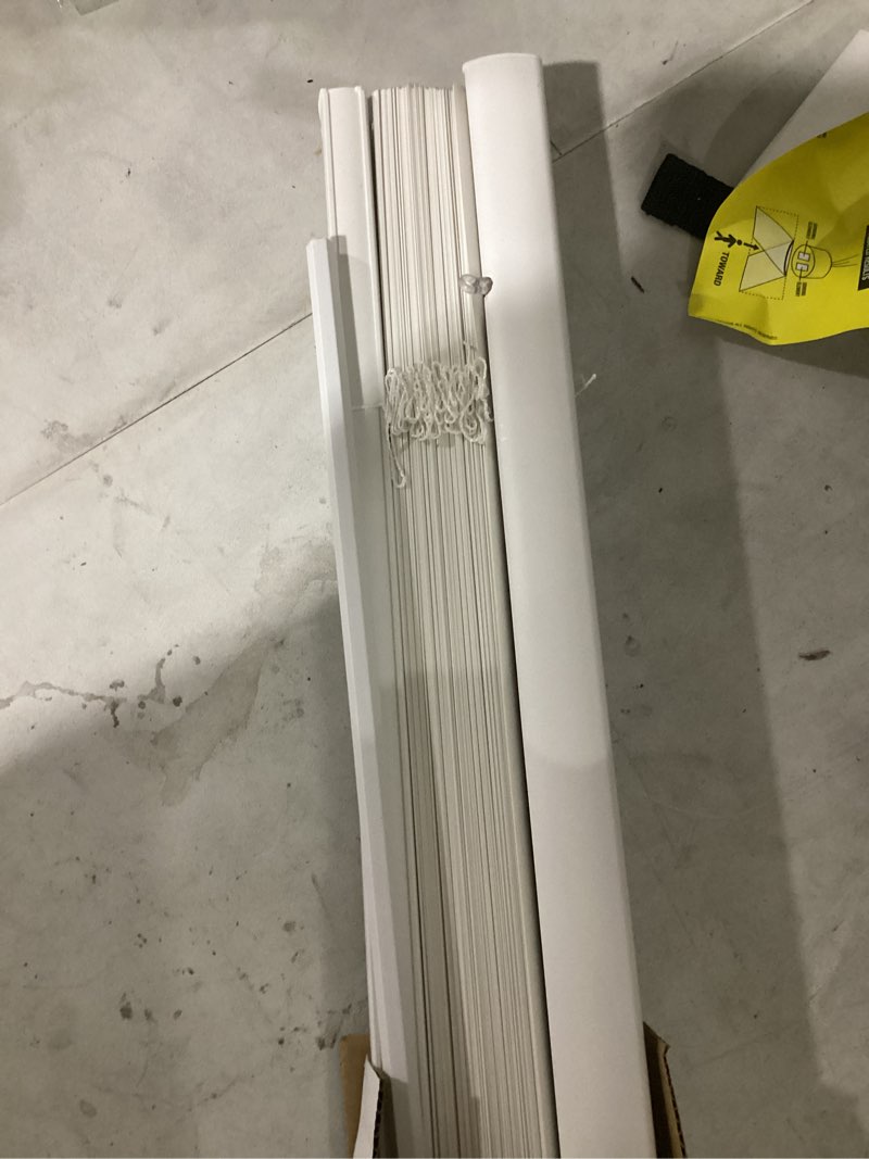 Condition photo showing As Is for (possibly used)project source light filtering 1-in slat width 35-in x 64-in cordless white vinyl light filtering mini-