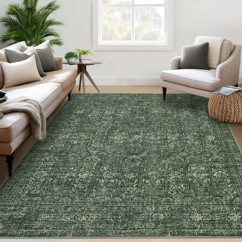 (Similar to stock photo) FairOnly 5'x7' Green Area Rugs Washable Vintage Floral Ultra-Thin Stain-Resistant Rugs for Kitchen Dining Room Distressed Rug for Bathroom