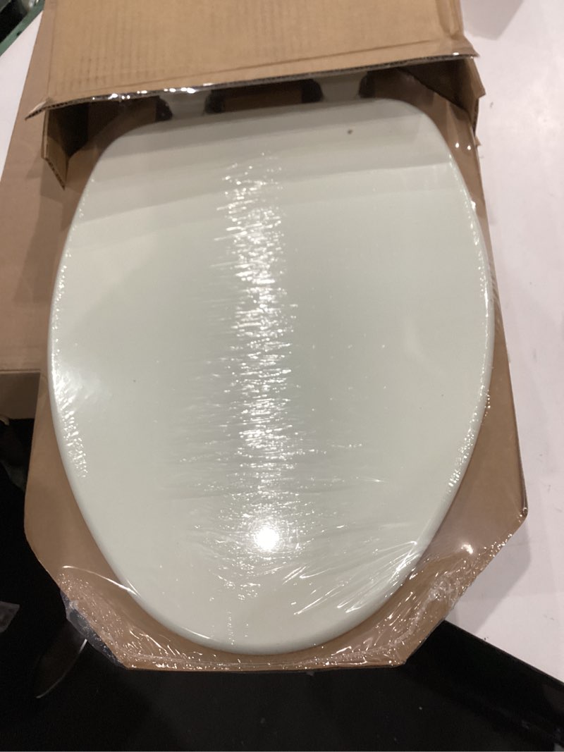 Condition photo showing New/Like New for church toilet seat, easy clean hinges release for deep cleans, durable enameled wood seat, elongated, biscuit elongated biscuit