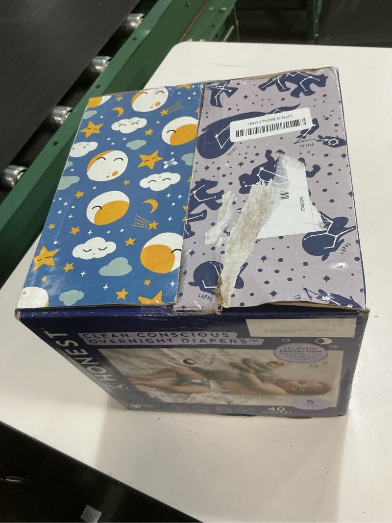Condition photo showing New/Like New for the honest company comfort dry disposable overnight diapers for sensitive skin, hypoallergenic, baby cozy cloud and star signs design club box size 5 (27 lbs) 40 count size 5 40