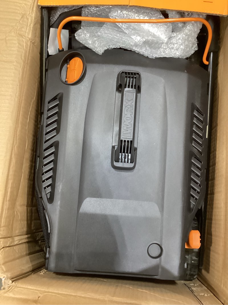 Condition photo showing As Is for worx 14" cordless lawn mower, 2 in 1 electric mower cuts quietly, compact & lightweight push lawn mower with 6-position height adjustment for small yards, 2 batteries & charger included, wg779 14" 40v mower w/(2) 4.0ah batteries