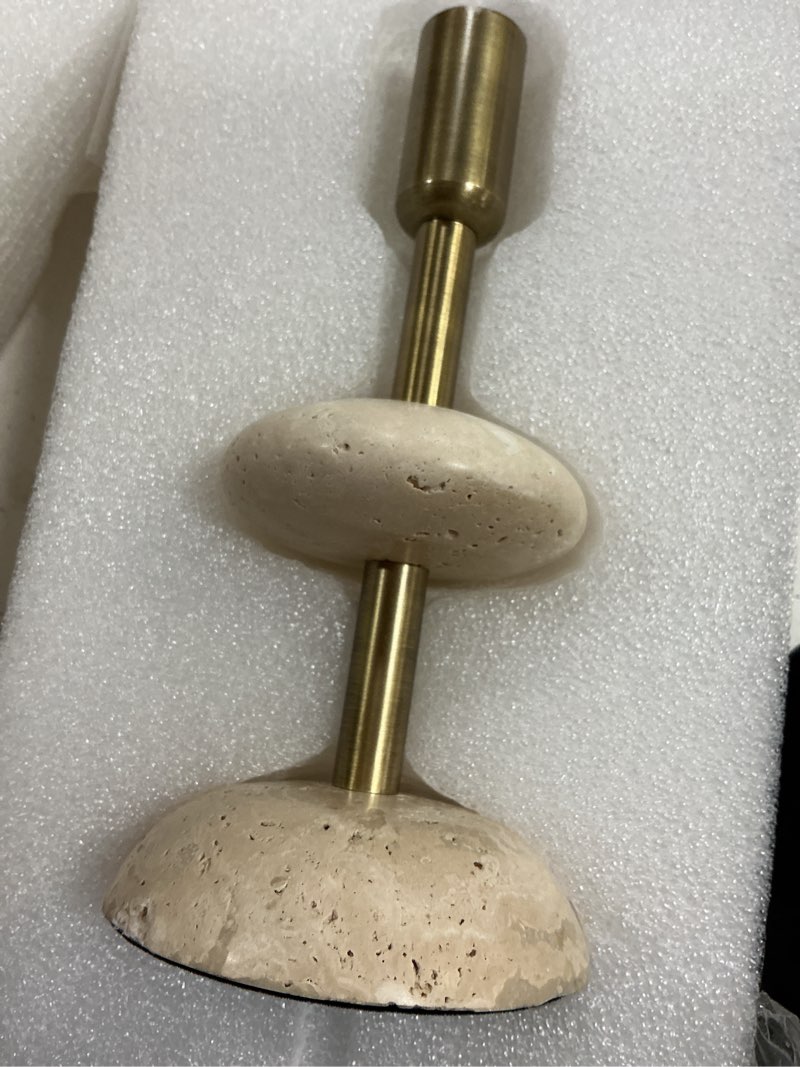 Condition photo showing Good Condition for travertine brass candlestick holders, marble taper candle holder for dining table décor, decorative centerpiece candle stick holders for mantle décor wedding housewarming gift 7.7'' 7.7 inches
