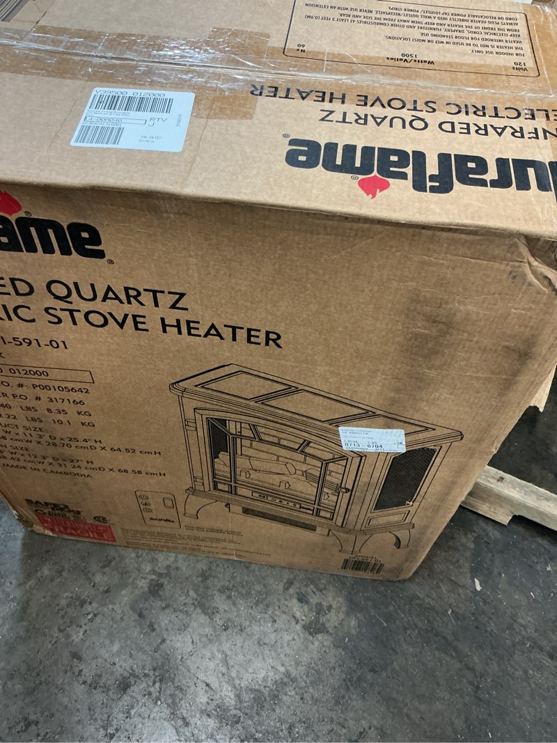 Condition photo showing As Is for duraflame infrared stove heater with remote and 3d flame effect black model dfi-591-01