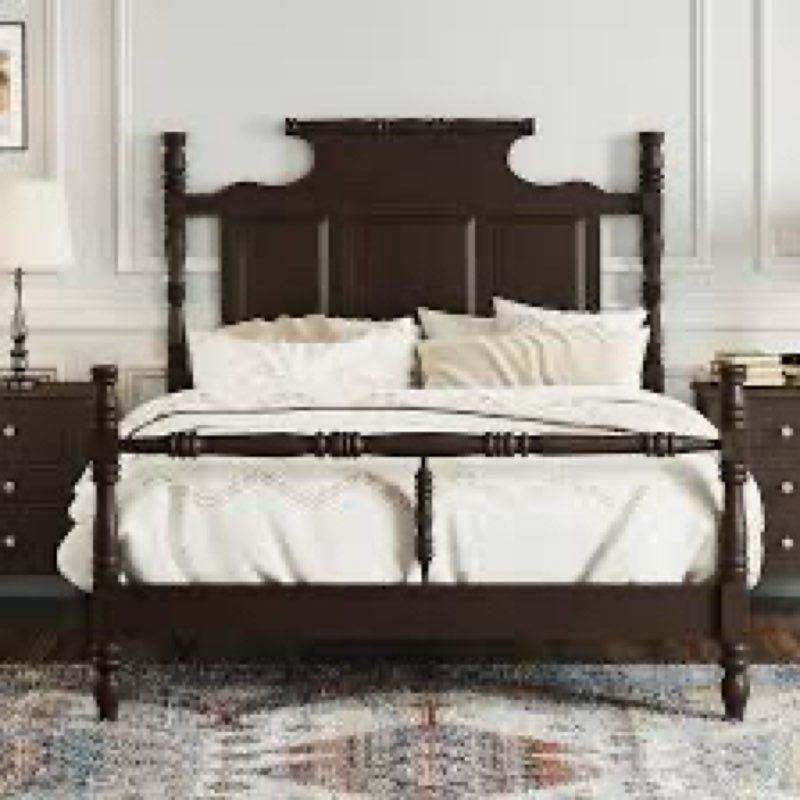 Merax King Size Vintage Country Style Wood Four Poster Platform Bed with 56.9" High Crown-Like Headboard, No Box Spring Needed, Brown *incomplete missing hardware/peices*