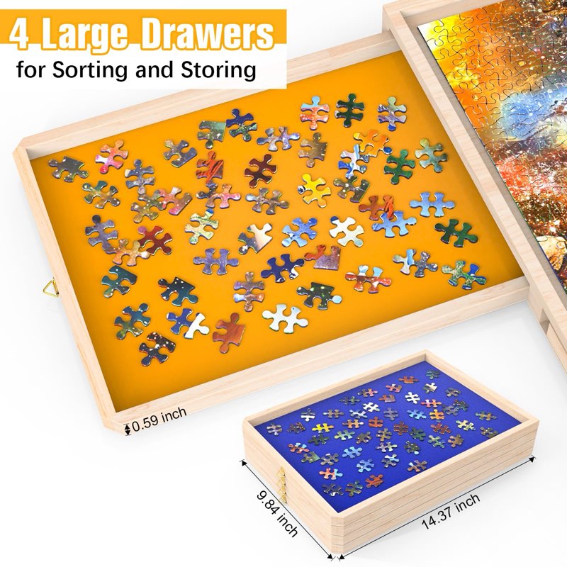 Puzzle Board with Drawers Rotatable 360-Degree Wheels and Cover 34" x 26" 1500 Piece Wooden Jigsaw P