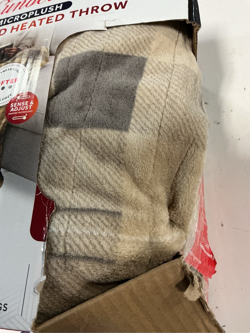Condition photo showing Good Condition for sunbeam electric heated throw blanket neutral plaid super soft microplush 4 heat settings oversized 60x80