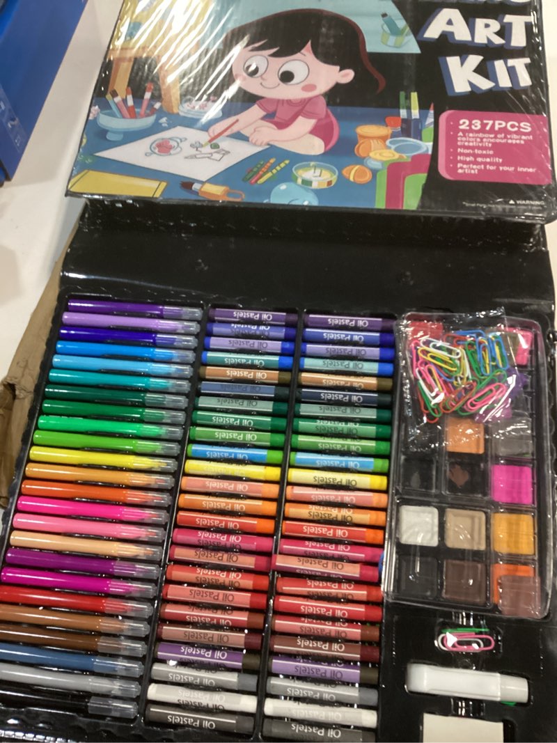 Condition photo showing As Is for 237-Piece Kids Art Set with Double-Sided Easel, Painting Kits for Kids Ages 4-8, Non-Toxic Art Supplies for Girls & Boys, Drawing Set with Watercolor, Oil Pastels, resent for Young Artists-Black