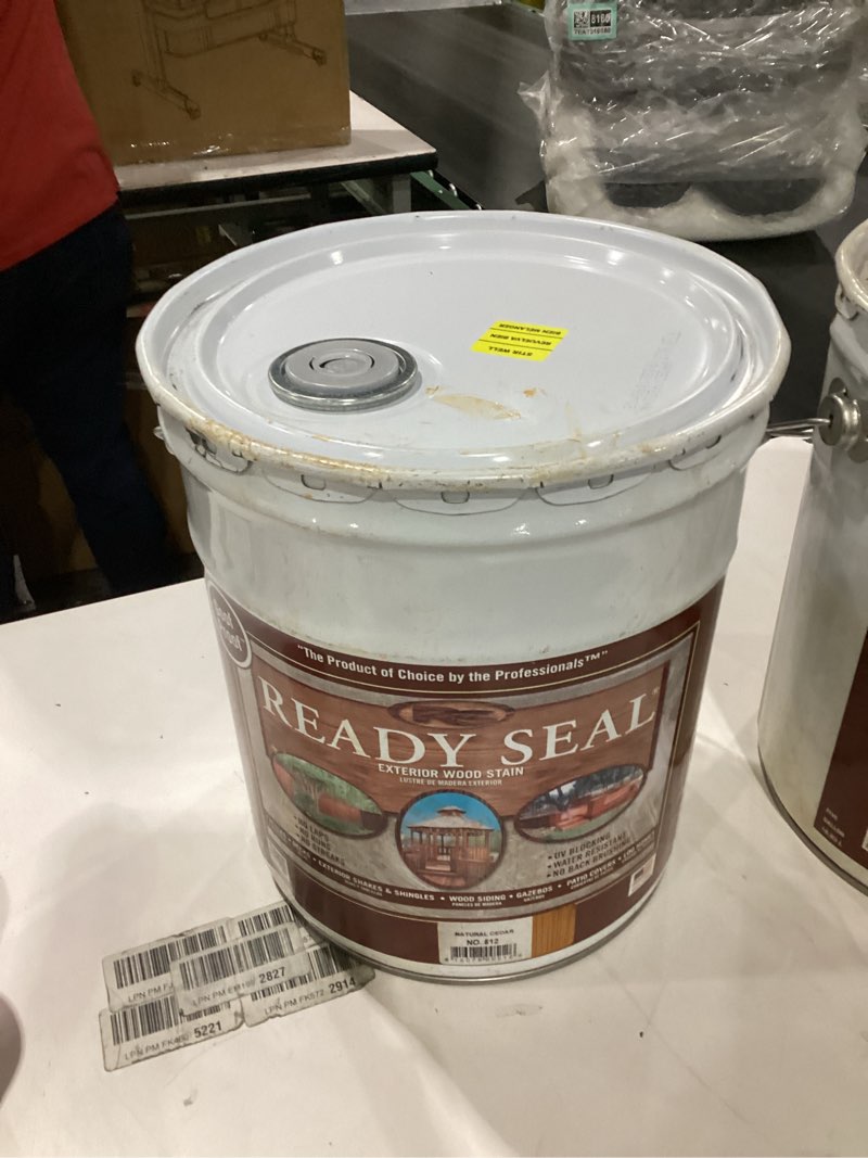 Condition photo showing As Is for Ready Seal 512 5-Gallon Pail Natural Cedar Exterior Stain and Sealer for Wood 5 Gallon Natural Cedar