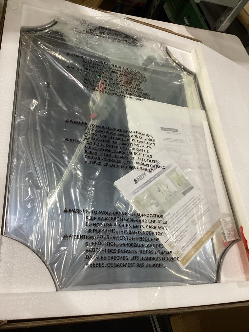 Condition photo showing New/Like New for ANDY STAR Brushed Nickel Mirror 22x30 Inch, Scalloped Bathroom Mirror, Silver Bathroom Mirror in Anti-Rust Stainless Steel Metal Thin Frame Deep 1’’, Wall-Mounted Mirror (Horizontal/Vertical) Brushed Nickel 30"L x 22"W