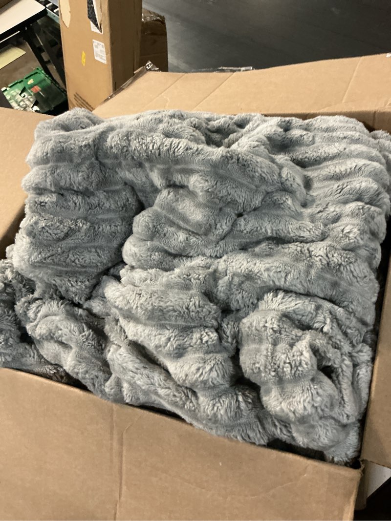 Condition photo showing Good Condition for faux rabbit fur throw blanket for sofa, gray blanket | cozy reversible fluffy throw, luxury plush thick bubble blanket, mother's day gifts for women, soft warm for bed, home decor