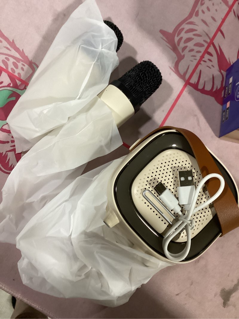 Condition photo showing New/Like New for mini karaoke machine speaker for kids adults, portable bluetooth with 2 wireless microphones, children's day birthday gift ideas for toys for teens boys and girls aged 4, 5, 6, 7, 8, 9, 10, 11, 12+ off-white - 2 mic