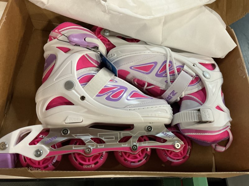 Condition photo showing New/Like New for 2pm sports vinal girls adjustable flashing inline skates, all wheels light up, fun illuminating skates for kids men adult women and boys white & pink medium - big kid (1-4 us)