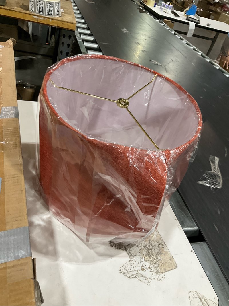 Condition photo showing As Is for aspen creative 31606, hardback drum contemporary spider lamp shade, brick red burlap texture fabric, 12" top x 12" bottom x 12" height