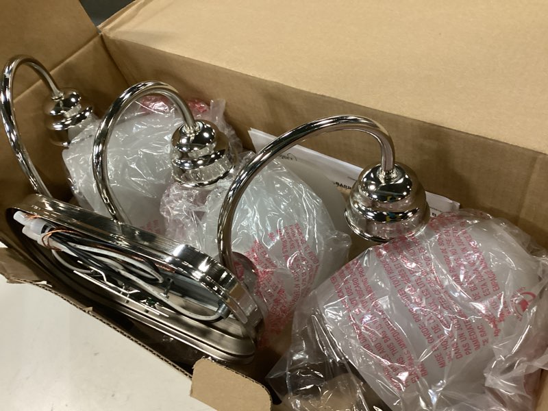 Condition photo showing As Is for Project Source Wynfield 3 Light Vanity Bar Bronze Finish White Frosted Glass NEW