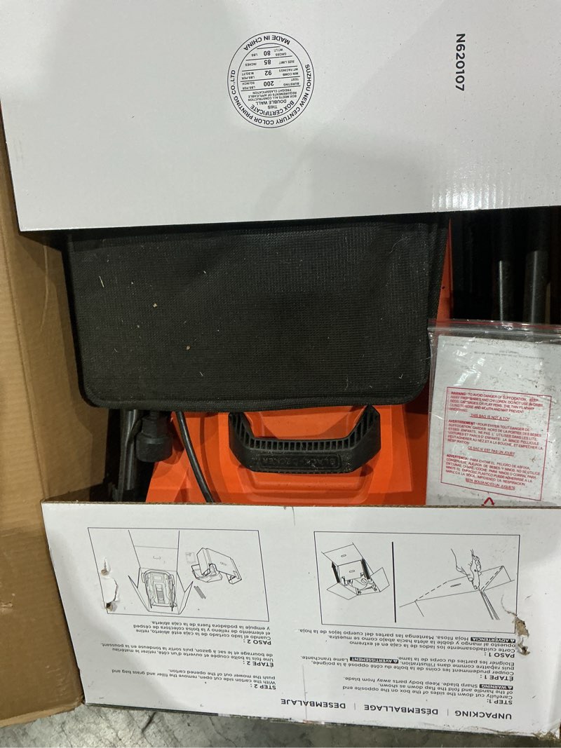 Condition photo showing As Is for black+decker electric push lawn mower, corded, 13 amp, 20-inch cutting deck, 6 setting height adjustment, compact storage, collection bag (bemw213)