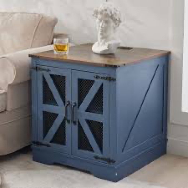 farmhouse end table with charging station - nightstand with 2 outlets & 2 usb ports - vintage industrial side table