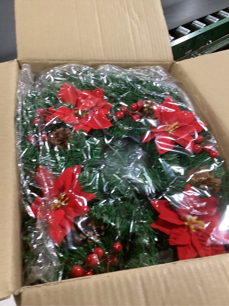 Condition photo showing New/Like New for Yingzhao 2 Pcs Pre-lit 9ft Christmas Garlands with 17.7'' Artificial Xmas Wreath Poinsettia Christmas Garland Decorations with Large Red Bows Wreath Hanger for Holiday Fireplace Pathway Home Decor