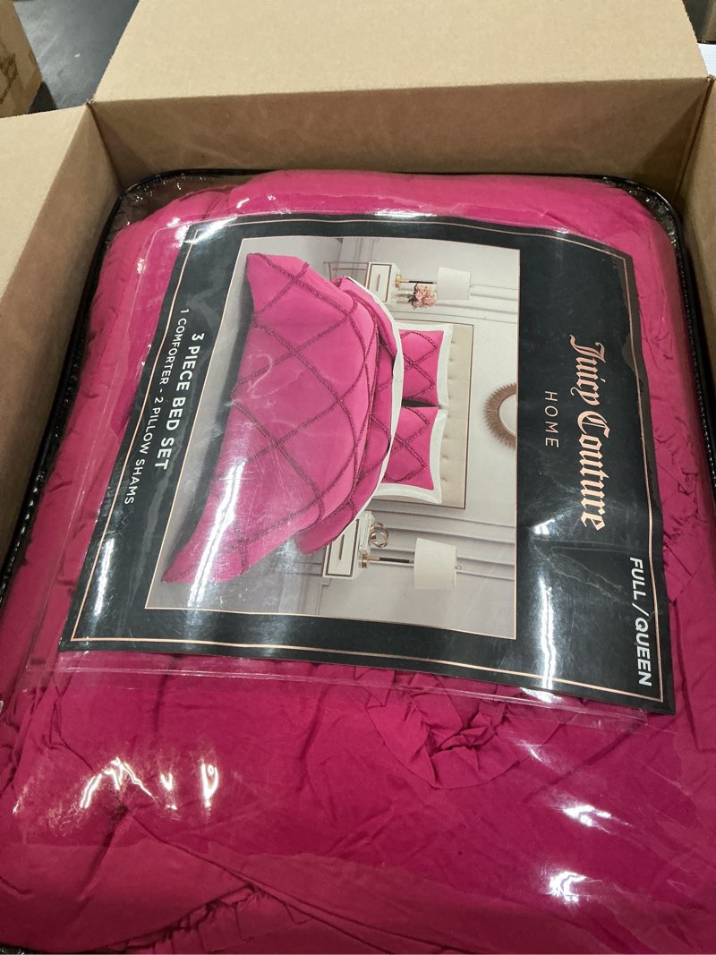 Condition photo showing Good Condition for juicy couture diamond queen comforter set - ruffle 3-piece machine washable reversible bedding comforter set, hot pink queen/full hot pink diamond ruffle