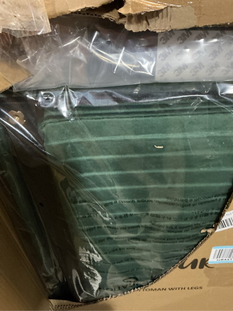 Condition photo showing New/Like New for Storage Ottoman Bench, 43 Inch Foldable Ottoman with Legs, Velvet Foot Rest Stool, End of Bed Bench, Storage Chest for Living Room, Bedroom (Beige) (color is GREEN)