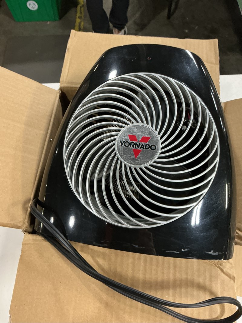Condition photo showing As Is for vornado mvh (2025) space heater, 3 heat settings, adjustable thermostat, tip-over protection, auto safety shut-off system, indoor use, whole room heating, black medium (2025 model)
